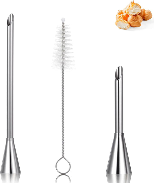 3Pcs Filling Piping Tip,Cream Icing Piping Nozzle Tips with Brush | Stainless Steel Long Cream Nozzle Decor,Small Pastry Icing Piping Decorating Tools + Decorating Cleaning Brush for Decorating