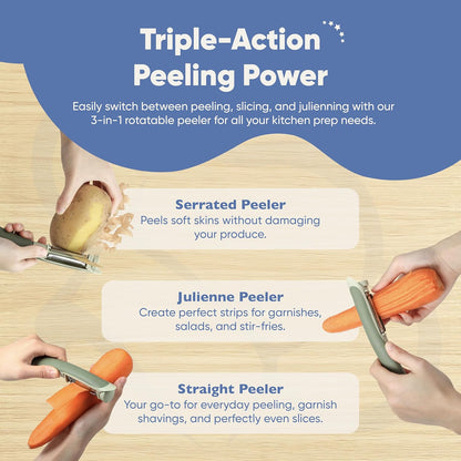 Tri-Blade Side Peeler – Stainless Steel Blade Fruit Peelers for Kitchen – Vegetable Slicer Kitchen Tool, Serrated, Julienne Peeler and Blemish Remover