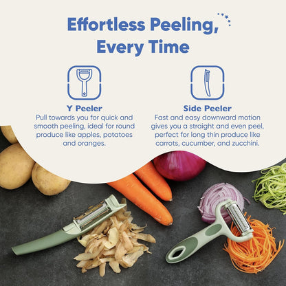 Tri-Blade Side Peeler – Stainless Steel Blade Fruit Peelers for Kitchen – Vegetable Slicer Kitchen Tool, Serrated, Julienne Peeler and Blemish Remover