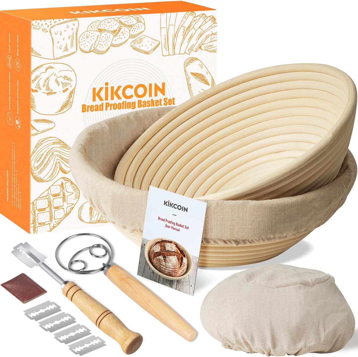 9" & 10" Banneton Bread Proofing Basket Set, Round Banneton Basket for Sourdough Baking, Baking Supplies with Linen Liner, Bread Lame & Dough Whisk, Sourdough Proofing Tools