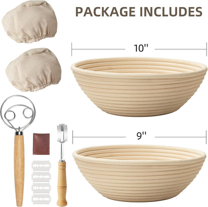 9" & 10" Banneton Bread Proofing Basket Set, Round Banneton Basket for Sourdough Baking, Baking Supplies with Linen Liner, Bread Lame & Dough Whisk, Sourdough Proofing Tools
