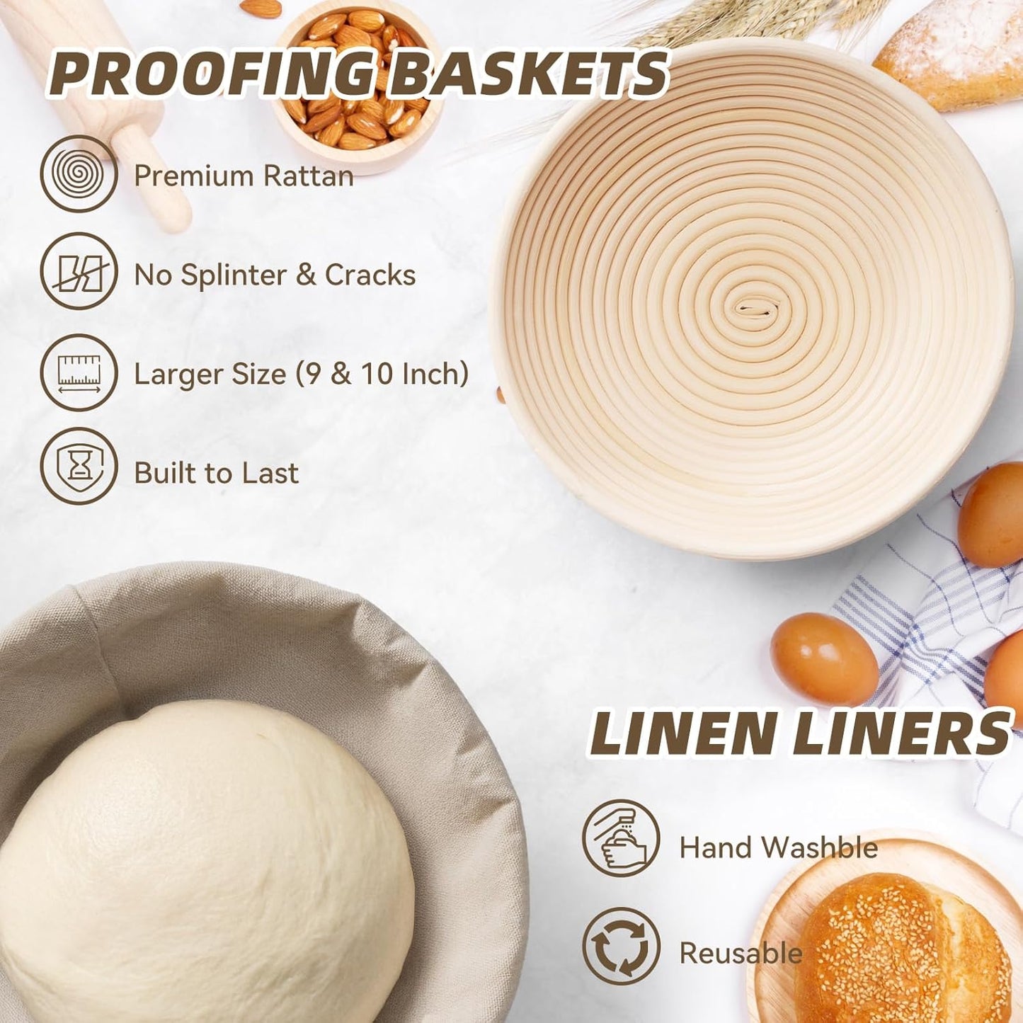 9" & 10" Banneton Bread Proofing Basket Set, Round Banneton Basket for Sourdough Baking, Baking Supplies with Linen Liner, Bread Lame & Dough Whisk, Sourdough Proofing Tools