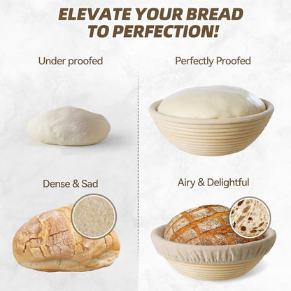 9" & 10" Banneton Bread Proofing Basket Set, Round Banneton Basket for Sourdough Baking, Baking Supplies with Linen Liner, Bread Lame & Dough Whisk, Sourdough Proofing Tools