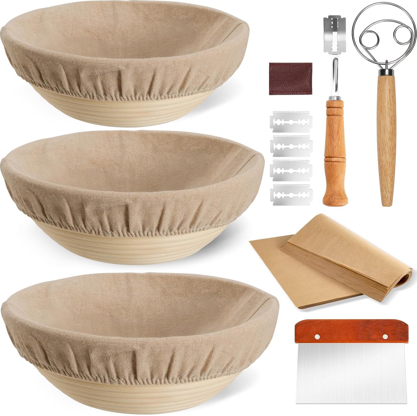 9" & 10" Banneton Bread Proofing Basket Set, Round Banneton Basket for Sourdough Baking, Baking Supplies with Linen Liner, Bread Lame & Dough Whisk, Sourdough Proofing Tools