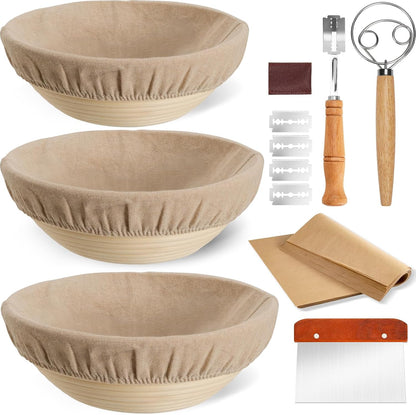 9" & 10" Banneton Bread Proofing Basket Set, Round Banneton Basket for Sourdough Baking, Baking Supplies with Linen Liner, Bread Lame & Dough Whisk, Sourdough Proofing Tools
