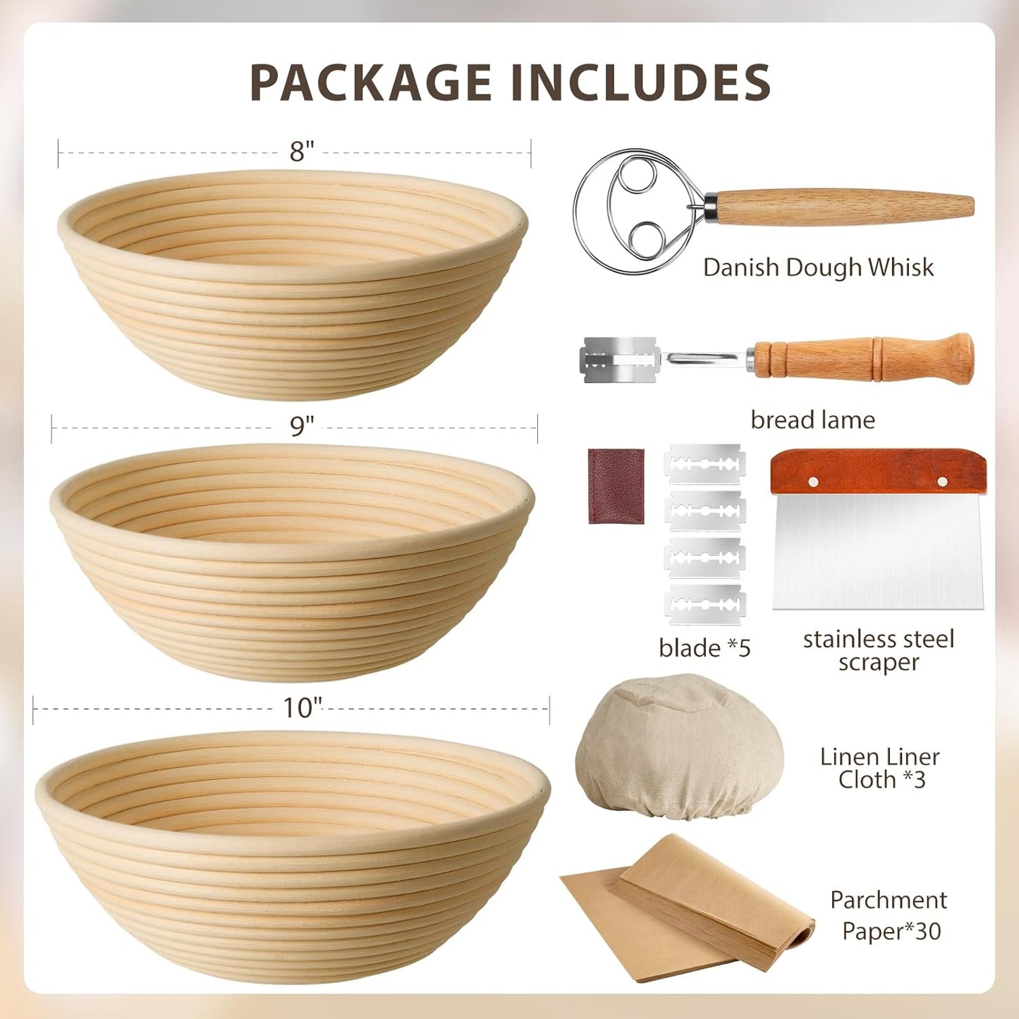 9" & 10" Banneton Bread Proofing Basket Set, Round Banneton Basket for Sourdough Baking, Baking Supplies with Linen Liner, Bread Lame & Dough Whisk, Sourdough Proofing Tools