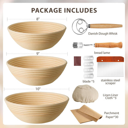 9" & 10" Banneton Bread Proofing Basket Set, Round Banneton Basket for Sourdough Baking, Baking Supplies with Linen Liner, Bread Lame & Dough Whisk, Sourdough Proofing Tools