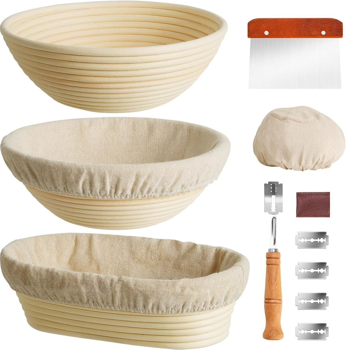 9" & 10" Banneton Bread Proofing Basket Set, Round Banneton Basket for Sourdough Baking, Baking Supplies with Linen Liner, Bread Lame & Dough Whisk, Sourdough Proofing Tools