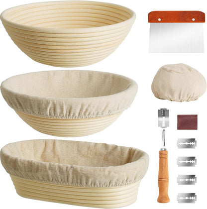 9" & 10" Banneton Bread Proofing Basket Set, Round Banneton Basket for Sourdough Baking, Baking Supplies with Linen Liner, Bread Lame & Dough Whisk, Sourdough Proofing Tools