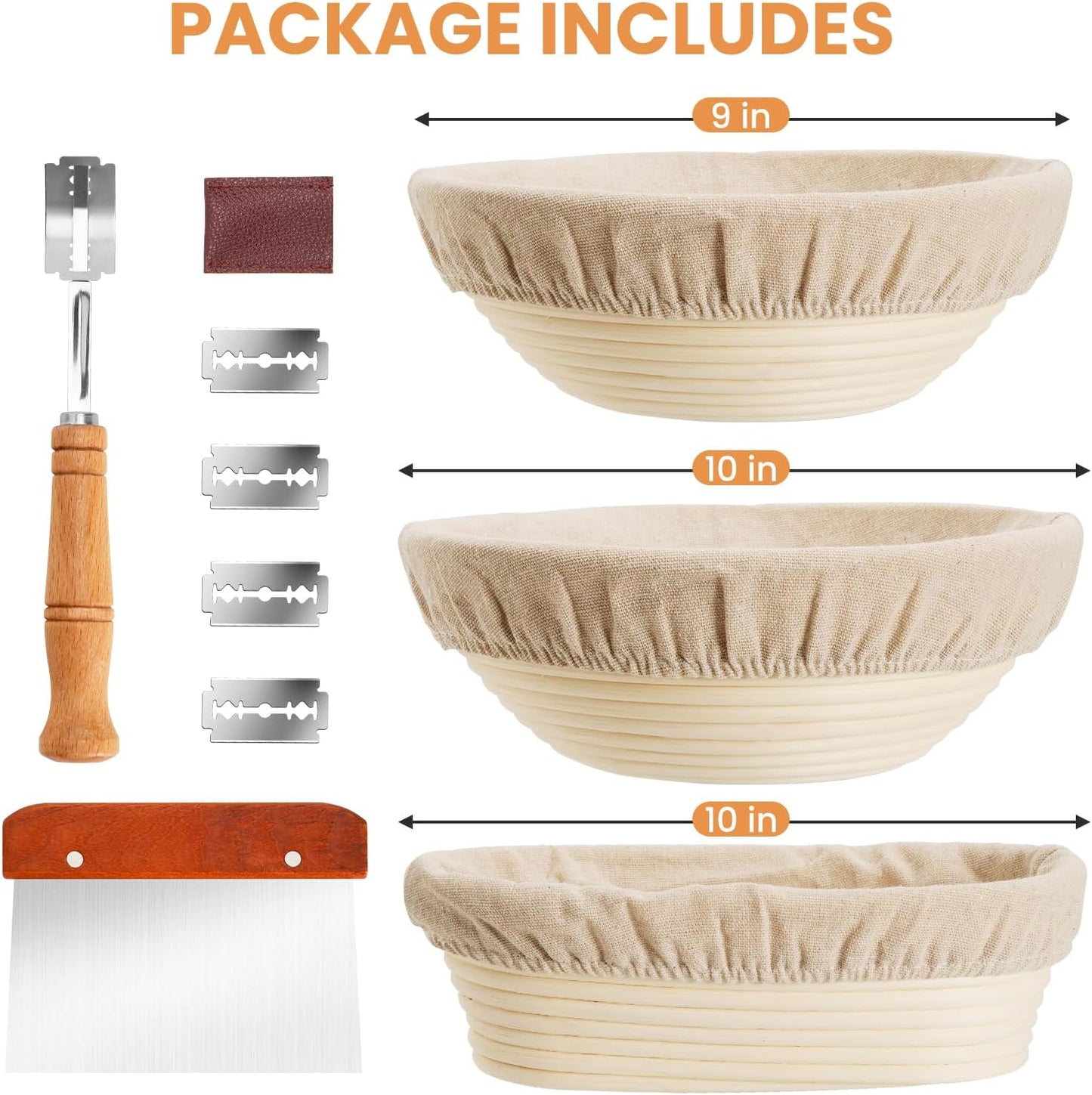 9" & 10" Banneton Bread Proofing Basket Set, Round Banneton Basket for Sourdough Baking, Baking Supplies with Linen Liner, Bread Lame & Dough Whisk, Sourdough Proofing Tools