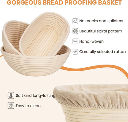 9" & 10" Banneton Bread Proofing Basket Set, Round Banneton Basket for Sourdough Baking, Baking Supplies with Linen Liner, Bread Lame & Dough Whisk, Sourdough Proofing Tools