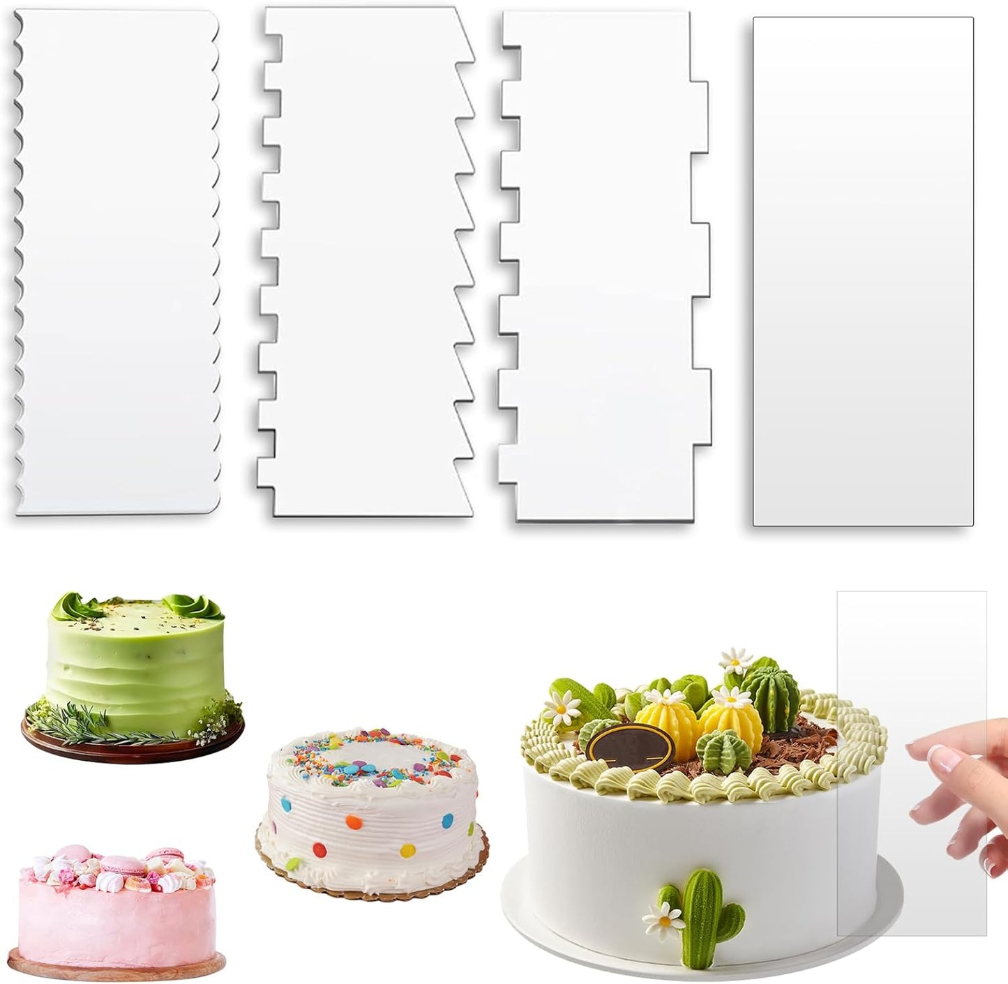 Cake Scraper,4PCS Clear Acrylic Cake Decorating Scraper Set | Stripes Cake Decorating Comb, Edge Smoother Tool for Mousse Butter Cream Decoration, DIY Kitchen Baking Tool, Durable
