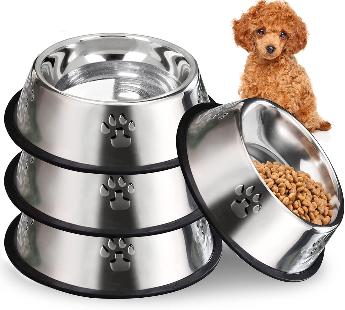 Stainless Steel Dog Cat Bowl with Rubber Base 4 Pack Pet Feeder and Water Bowls Stackable Non-Slip Puppy Dishes for Small Medium Animals Kitten Rabbit