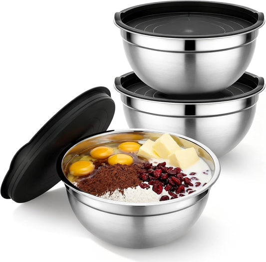 Mixing Bowls with Lids, 3 Pack 3.4 QT Kitchen Stainless Steel Mixing Bowls with Lids, Metal Nesting Set for Baking, Prepping, Serving, Salad and Food Storage