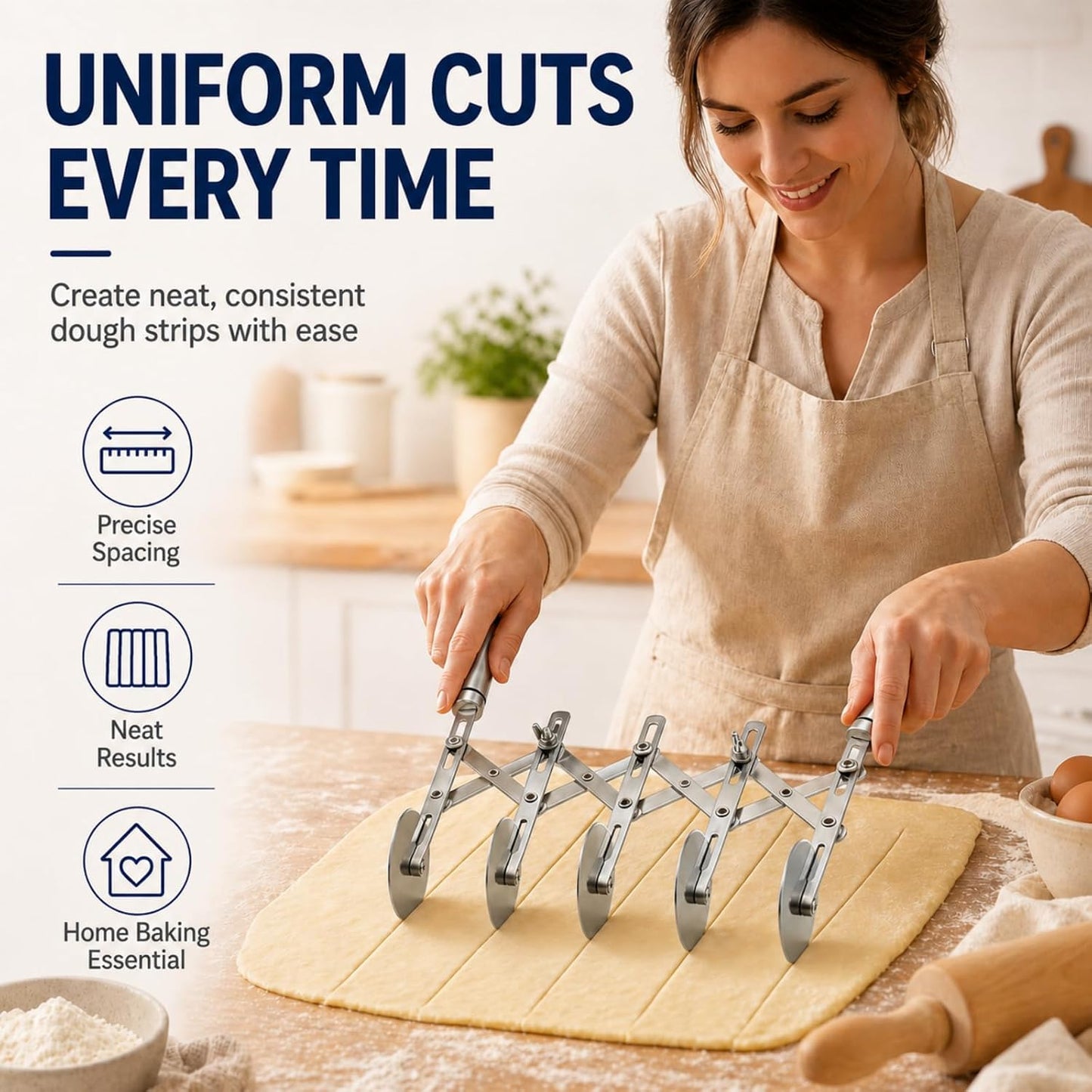 Wheel Adjustable Pasta Cutter with Handle - Stainless Steel Multi-Tool for Baking Pastry, Pizza, Noodles & Pie Crust (3 Roller)
