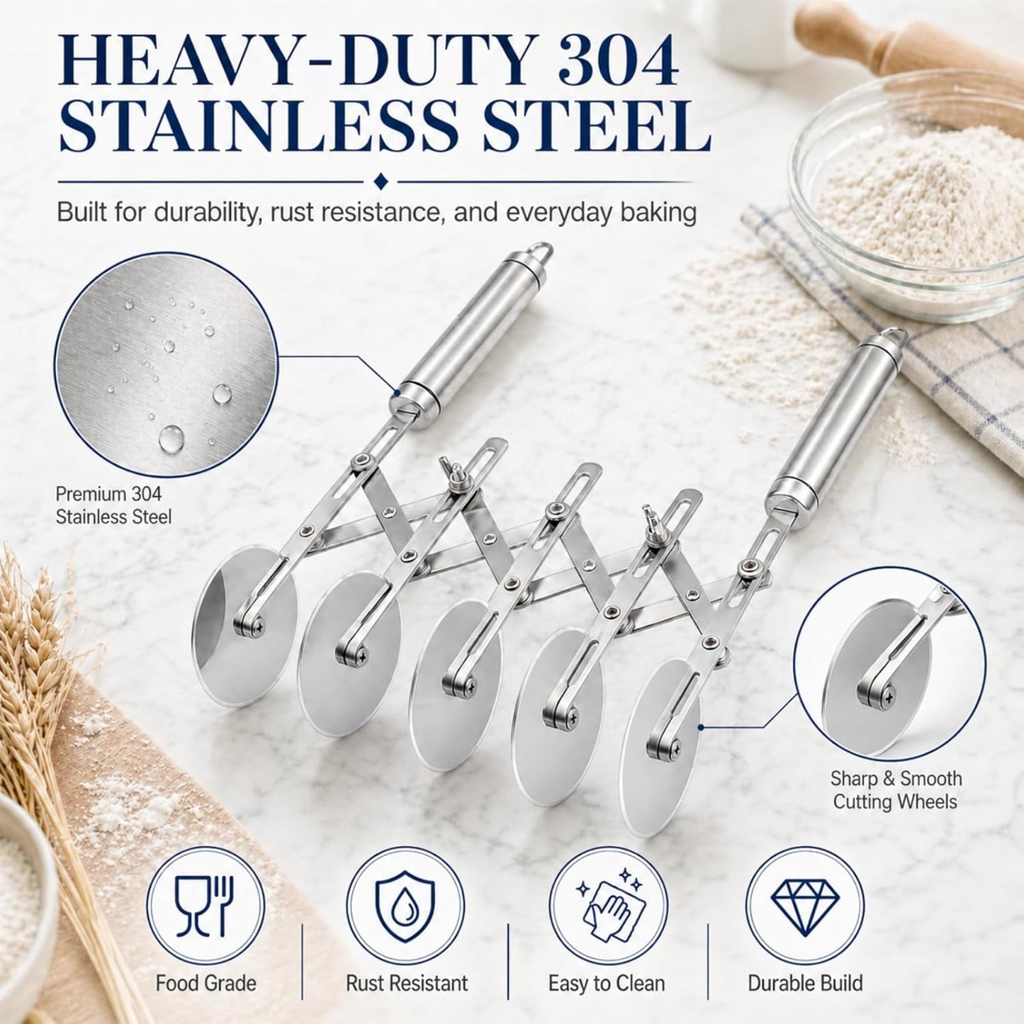 Wheel Adjustable Pasta Cutter with Handle - Stainless Steel Multi-Tool for Baking Pastry, Pizza, Noodles & Pie Crust (3 Roller)