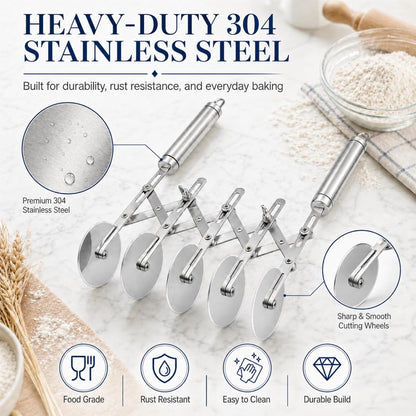Wheel Adjustable Pasta Cutter with Handle - Stainless Steel Multi-Tool for Baking Pastry, Pizza, Noodles & Pie Crust (3 Roller)