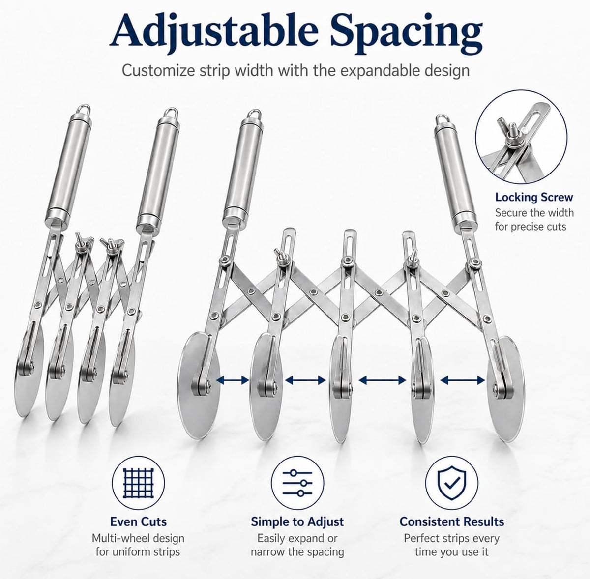 Wheel Adjustable Pasta Cutter with Handle - Stainless Steel Multi-Tool for Baking Pastry, Pizza, Noodles & Pie Crust (3 Roller)