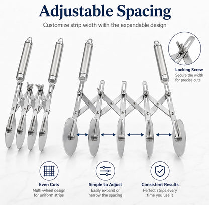 Wheel Adjustable Pasta Cutter with Handle - Stainless Steel Multi-Tool for Baking Pastry, Pizza, Noodles & Pie Crust (3 Roller)