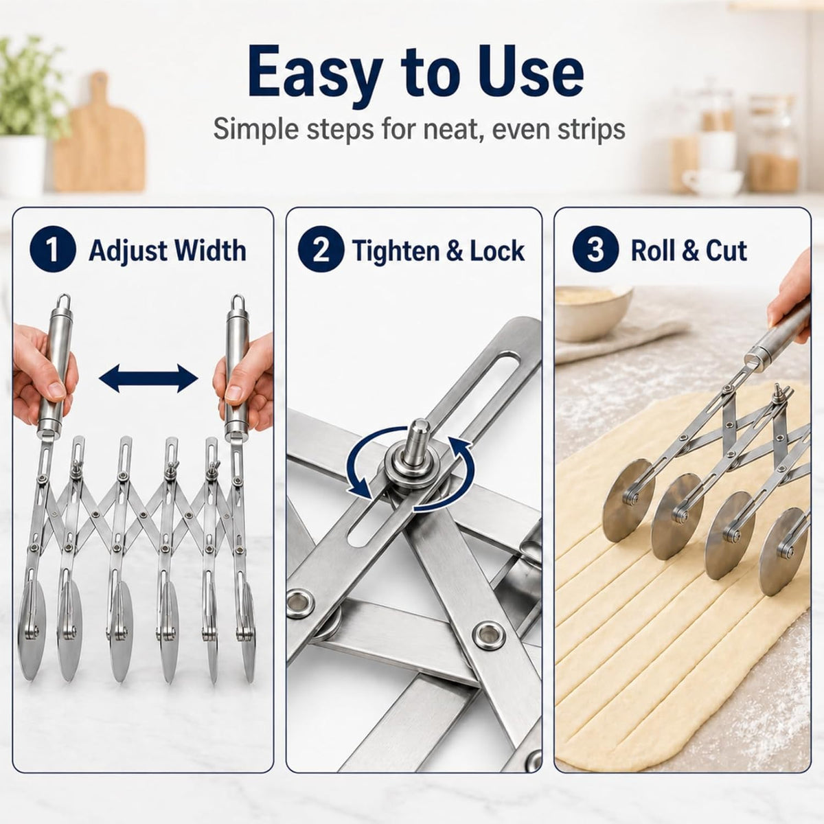 Wheel Adjustable Pasta Cutter with Handle - Stainless Steel Multi-Tool for Baking Pastry, Pizza, Noodles & Pie Crust (3 Roller)