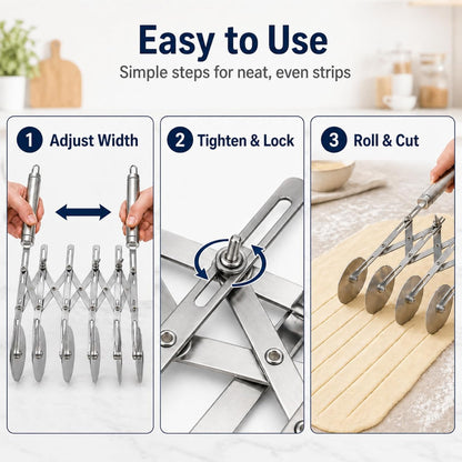 Wheel Adjustable Pasta Cutter with Handle - Stainless Steel Multi-Tool for Baking Pastry, Pizza, Noodles & Pie Crust (3 Roller)
