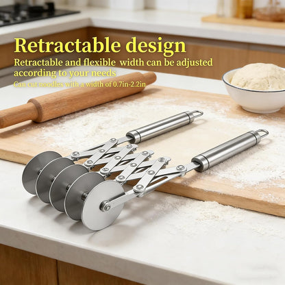 Wheel Adjustable Pasta Cutter with Handle - Stainless Steel Multi-Tool for Baking Pastry, Pizza, Noodles & Pie Crust (3 Roller)