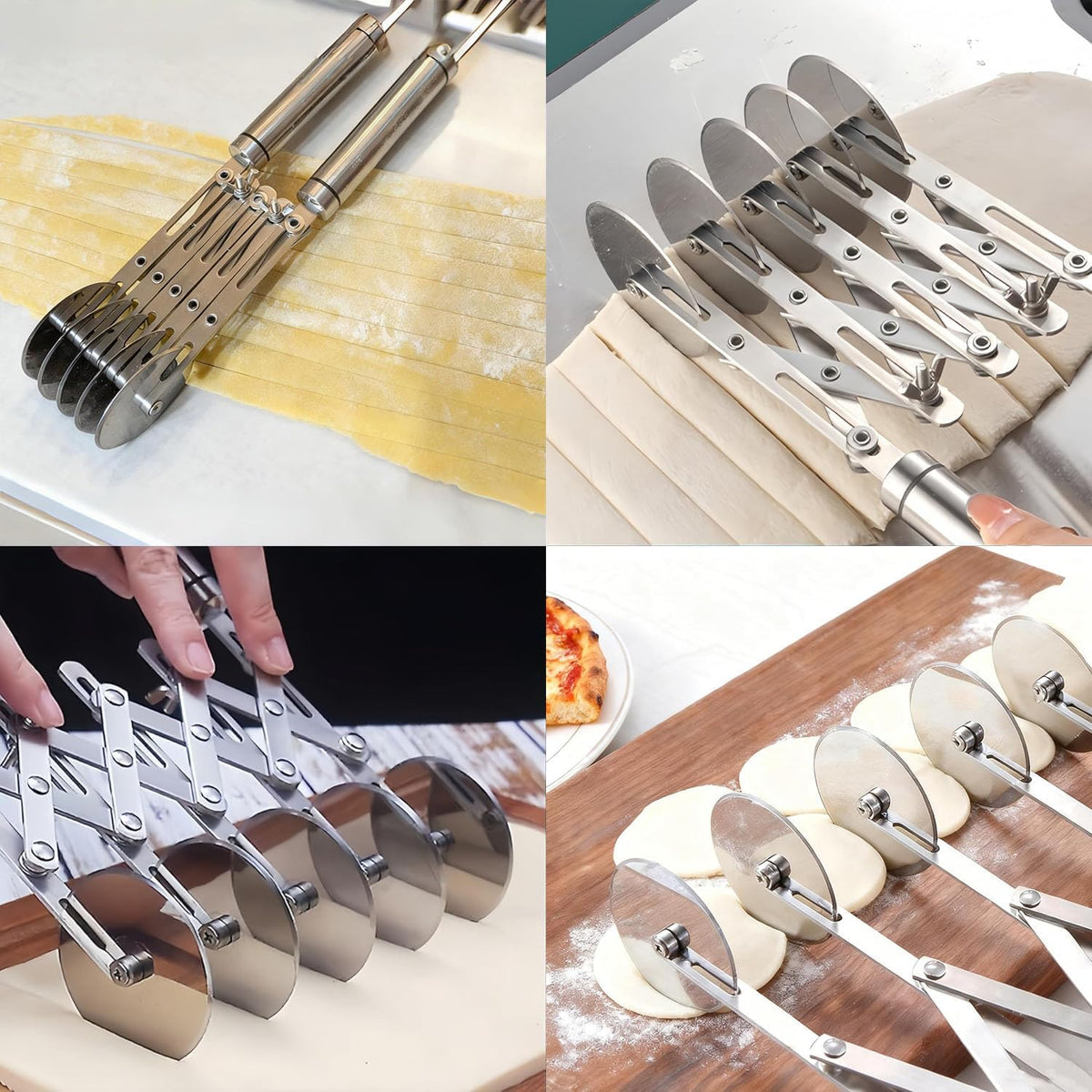 Wheel Adjustable Pasta Cutter with Handle - Stainless Steel Multi-Tool for Baking Pastry, Pizza, Noodles & Pie Crust (3 Roller)