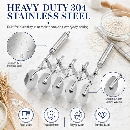 Wheel Adjustable Pasta Cutter with Handle - Stainless Steel Multi-Tool for Baking Pastry, Pizza, Noodles & Pie Crust (3 Roller)