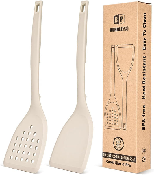 Pack of 2 Silicone Spatula Turner, Non Stick Kitchen Spatulas Set with Back Hooks, Heat Resistant BPA Free Kitchen Utensils, Suitable for Flipping Fish, Eggs, Steak, Pancakes(KHAKI)