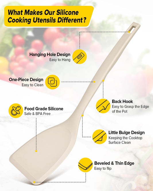 Pack of 2 Silicone Spatula Turner, Non Stick Kitchen Spatulas Set with Back Hooks, Heat Resistant BPA Free Kitchen Utensils, Suitable for Flipping Fish, Eggs, Steak, Pancakes(KHAKI)