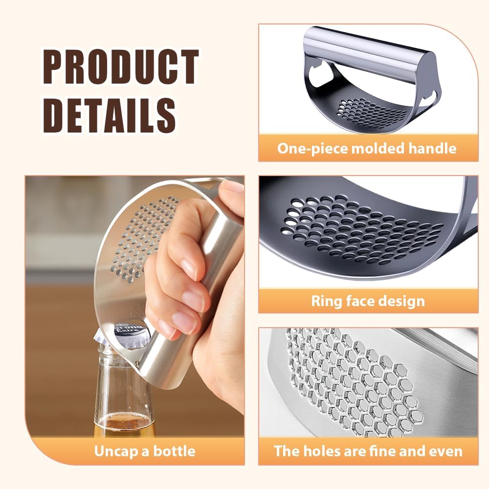 Stainless Steel Garlic Press Rocker, 2026 New Heavy Duty Ergonomic Garlic Crusher Tool with Peeler and Brush for Smash Garlic Built-in Bottle Opener Kitchen Gadget (1set)
