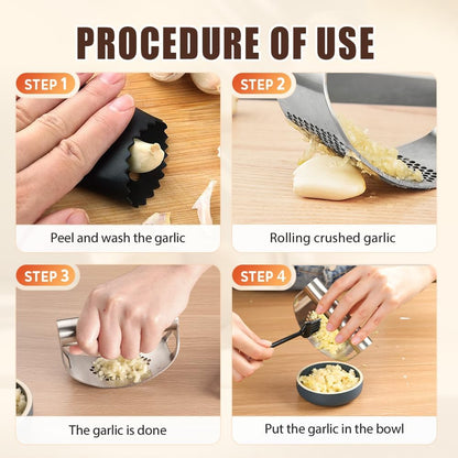 Stainless Steel Garlic Press Rocker, 2026 New Heavy Duty Ergonomic Garlic Crusher Tool with Peeler and Brush for Smash Garlic Built-in Bottle Opener Kitchen Gadget (1set)