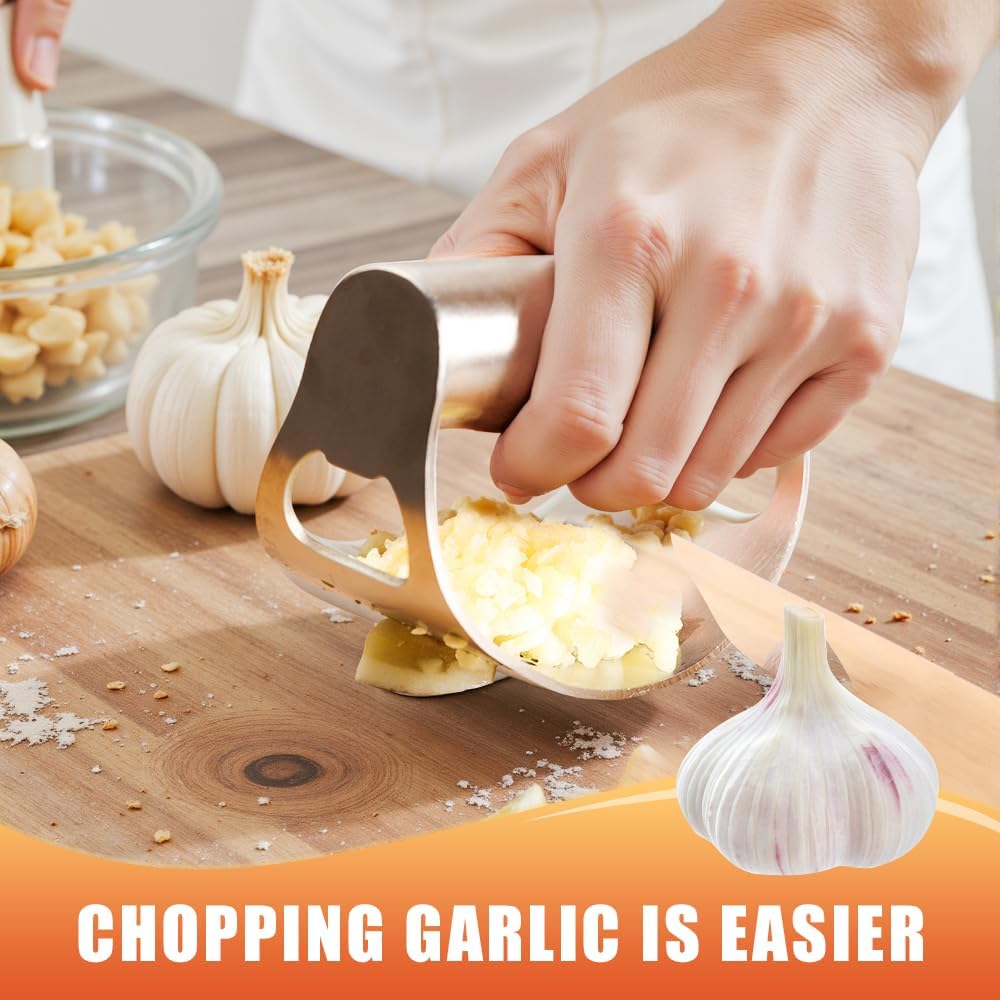 Stainless Steel Garlic Press Rocker, 2026 New Heavy Duty Ergonomic Garlic Crusher Tool with Peeler and Brush for Smash Garlic Built-in Bottle Opener Kitchen Gadget (1set)