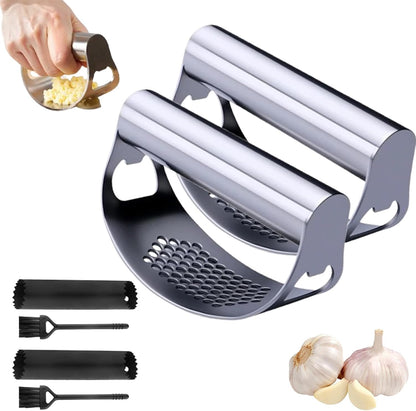 Stainless Steel Garlic Press Rocker, 2026 New Heavy Duty Ergonomic Garlic Crusher Tool with Peeler and Brush for Smash Garlic Built-in Bottle Opener Kitchen Gadget (1set)