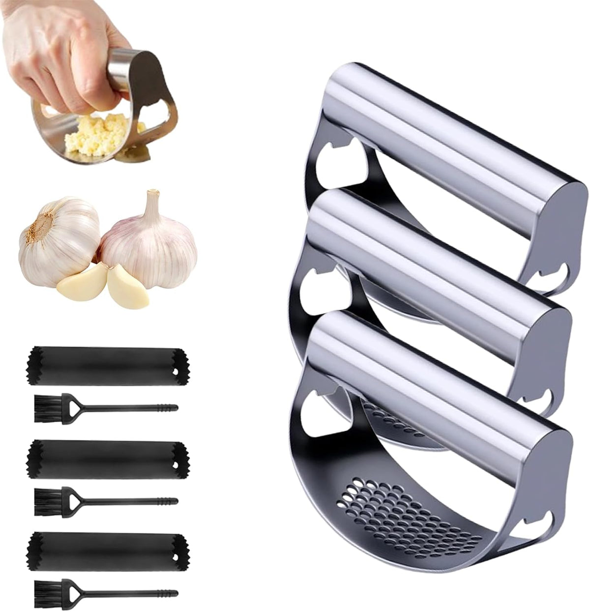Stainless Steel Garlic Press Rocker, 2026 New Heavy Duty Ergonomic Garlic Crusher Tool with Peeler and Brush for Smash Garlic Built-in Bottle Opener Kitchen Gadget (1set)