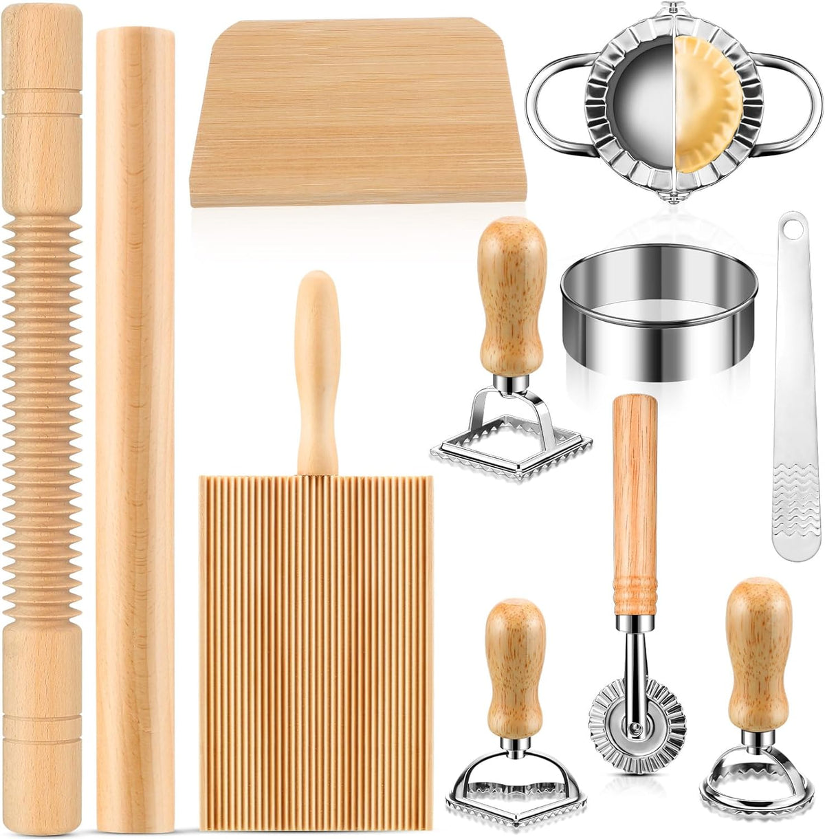 9 Pcs Gnocchi Pasta Making Tools kit - Gnocchi Board, Pasta Cutter, Ravioli Stamp, Wood Threaded Pasta Roller Pin Set, Noodle and Dumplings Maker, Homemade Kitchen Gift for Pasta Lovers