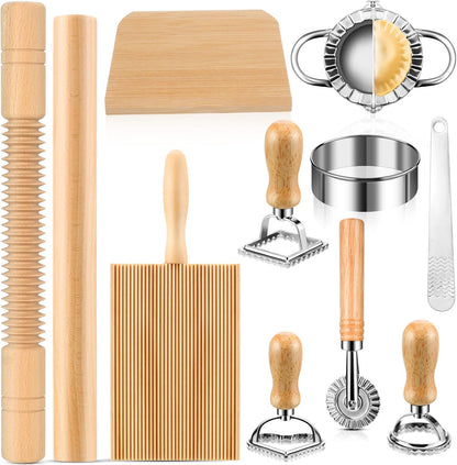 9 Pcs Gnocchi Pasta Making Tools kit - Gnocchi Board, Pasta Cutter, Ravioli Stamp, Wood Threaded Pasta Roller Pin Set, Noodle and Dumplings Maker, Homemade Kitchen Gift for Pasta Lovers