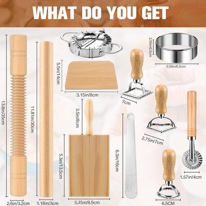 9 Pcs Gnocchi Pasta Making Tools kit - Gnocchi Board, Pasta Cutter, Ravioli Stamp, Wood Threaded Pasta Roller Pin Set, Noodle and Dumplings Maker, Homemade Kitchen Gift for Pasta Lovers