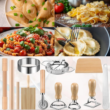 9 Pcs Gnocchi Pasta Making Tools kit - Gnocchi Board, Pasta Cutter, Ravioli Stamp, Wood Threaded Pasta Roller Pin Set, Noodle and Dumplings Maker, Homemade Kitchen Gift for Pasta Lovers