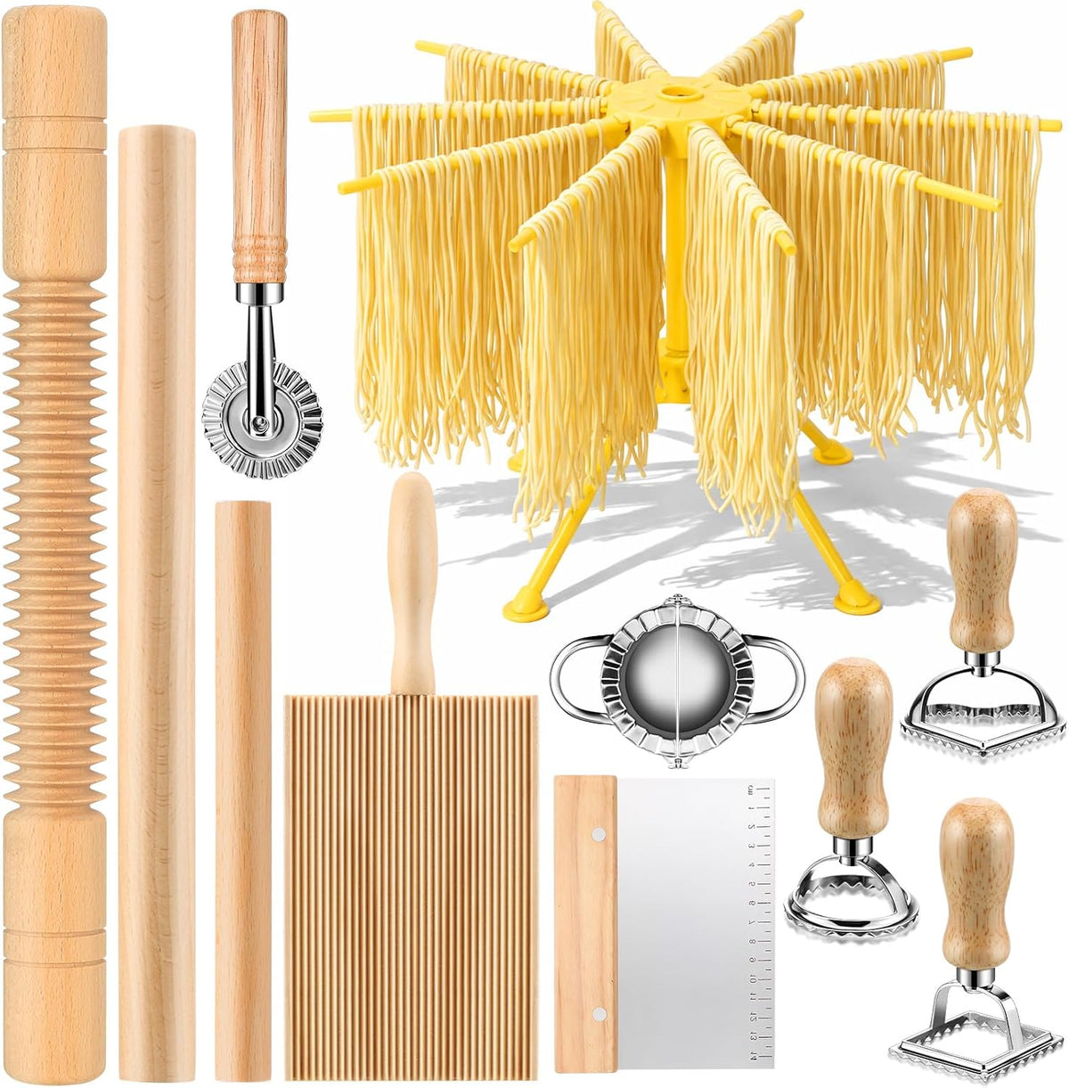 9 Pcs Gnocchi Pasta Making Tools kit - Gnocchi Board, Pasta Cutter, Ravioli Stamp, Wood Threaded Pasta Roller Pin Set, Noodle and Dumplings Maker, Homemade Kitchen Gift for Pasta Lovers
