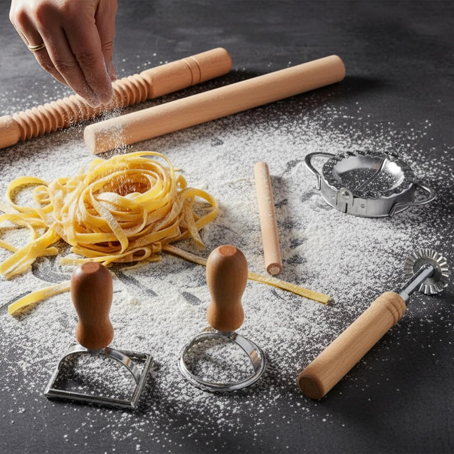 9 Pcs Gnocchi Pasta Making Tools kit - Gnocchi Board, Pasta Cutter, Ravioli Stamp, Wood Threaded Pasta Roller Pin Set, Noodle and Dumplings Maker, Homemade Kitchen Gift for Pasta Lovers