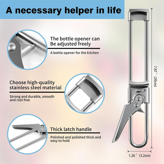 Bottle Opener & Jar Opener for Weak Hands, 7.87 Inch Adjustable Stainless Steel Can Opener, Multifunctional Jar Lid Opener Gripper for Seniors with Arthritis