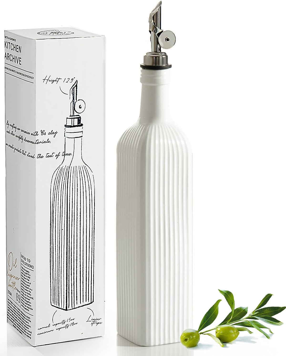 18 oz Olive Oil Dispenser Bottle for Kitchen, Ceramic Oil Bottle with Automatic Stainless Steel Pourer