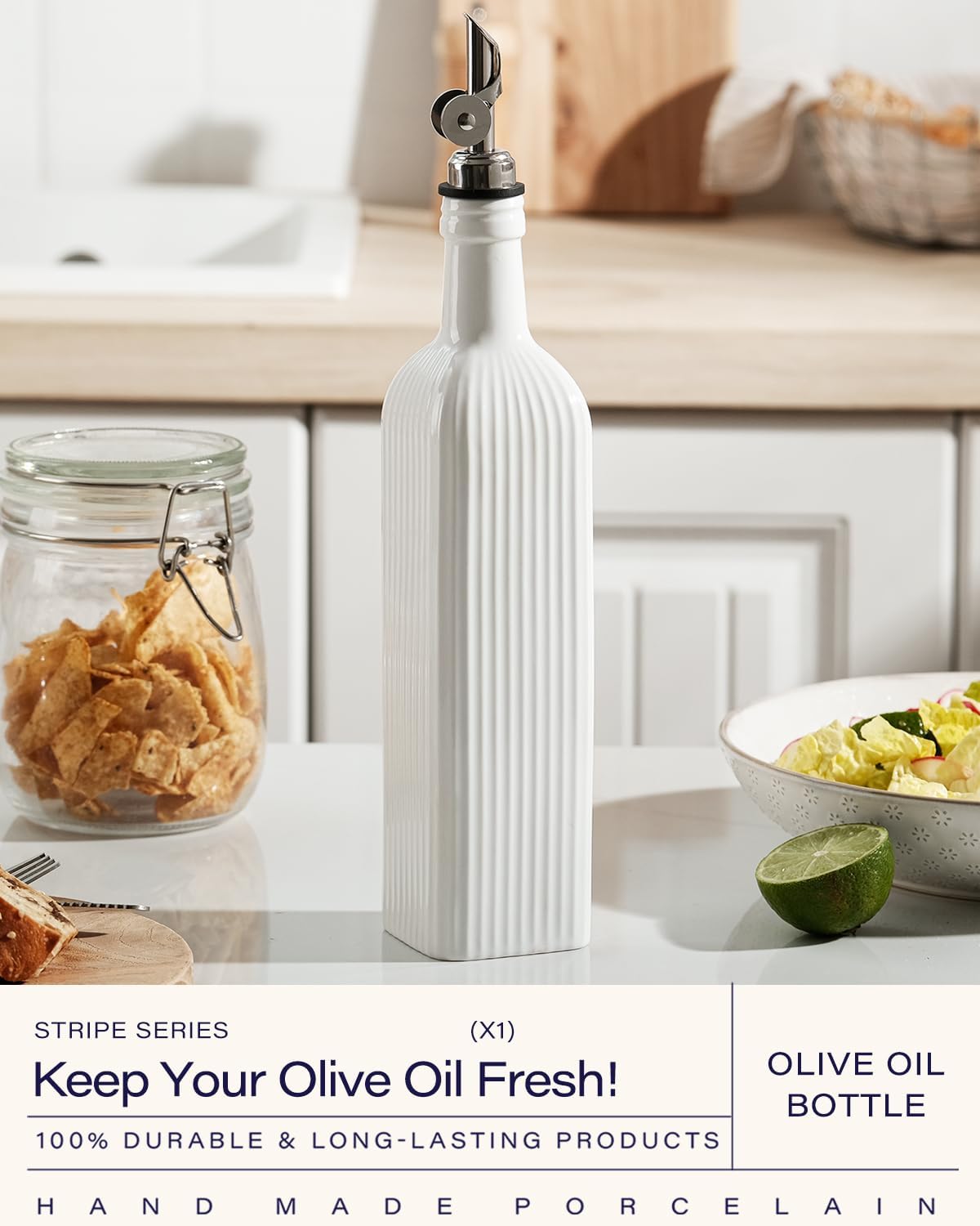 18 oz Olive Oil Dispenser Bottle for Kitchen, Ceramic Oil Bottle with Automatic Stainless Steel Pourer