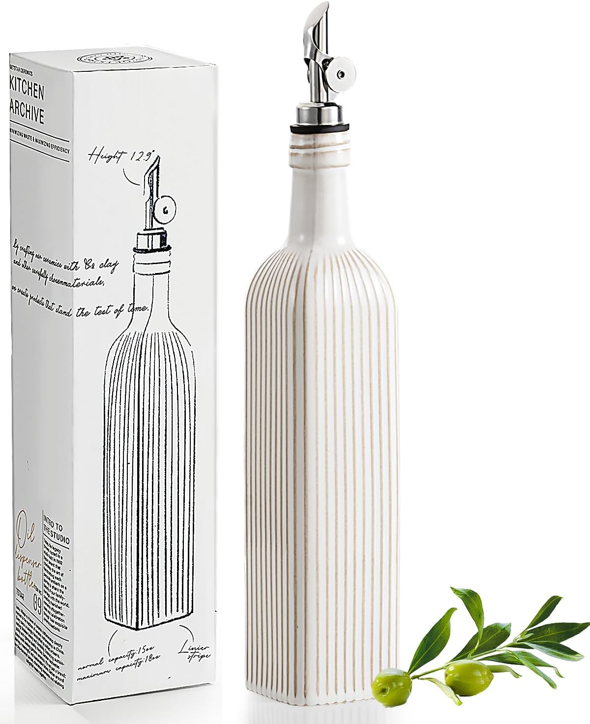 18 oz Olive Oil Dispenser Bottle for Kitchen, Ceramic Oil Bottle with Automatic Stainless Steel Pourer