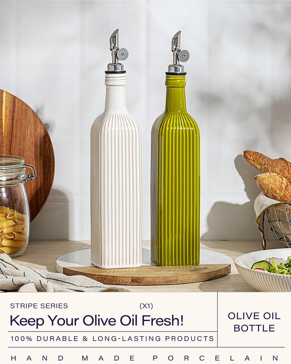 18 oz Olive Oil Dispenser Bottle for Kitchen, Ceramic Oil Bottle with Automatic Stainless Steel Pourer