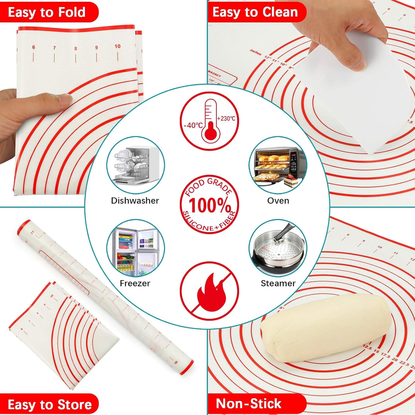 Rolling Pin, Rolling Pins Thickness Rings and Silicone Baking Pastry Mat Set, Stainless Steel Dough Roller Rolling Pins for Baking & Bench Scraper For Pizza, Cookies, Pie, Pasta, Pastries