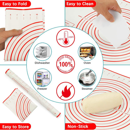 Rolling Pin, Rolling Pins Thickness Rings and Silicone Baking Pastry Mat Set, Stainless Steel Dough Roller Rolling Pins for Baking & Bench Scraper For Pizza, Cookies, Pie, Pasta, Pastries