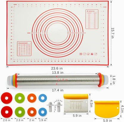 Rolling Pin, Rolling Pins Thickness Rings and Silicone Baking Pastry Mat Set, Stainless Steel Dough Roller Rolling Pins for Baking & Bench Scraper For Pizza, Cookies, Pie, Pasta, Pastries