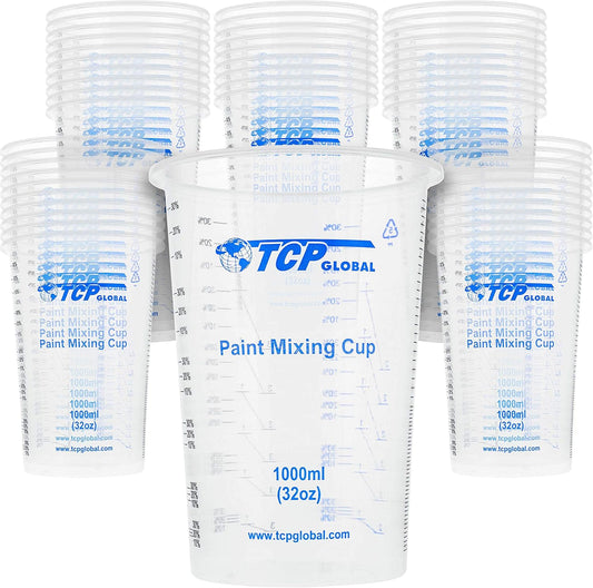 32 oz. (1000ml) Graduated Plastic Mixing Cups (Box of 50) - Disposable Plastic Measuring Cups for Liquids, Paints, Resin, Epoxy, Art, Kitchen - Ratios 2-1, 3-1, 4-1 ML
